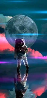 Astronaut standing on water with moonlit reflection in vibrant sky.