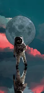 Astronaut standing on reflective surface with moon backdrop and teal sky.