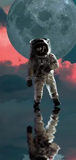 Astronaut's reflection beneath the moon in a cosmic-themed wallpaper.