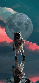 Astronaut standing on water with moon and clouds in the background.