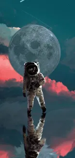 Astronaut standing with moon and colorful clouds in background, reflecting on surface.
