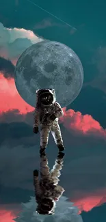 Astronaut reflecting under the moon in a surreal night sky.