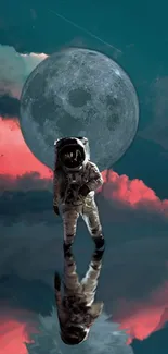 Astronaut reflecting on water with large moon in surreal sky.