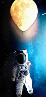 Astronaut floating towards a bright full moon in space, with a starry background.