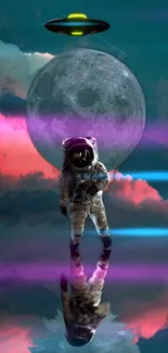 Astronaut walking on moon with UFO and colorful pink clouds.