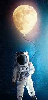 Astronaut with moon balloon in a starry night sky wallpaper.