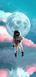 Astronaut floating in moonlit sky with vibrant pink clouds and stars.