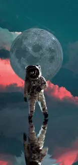Astronaut walking on water against a full moon backdrop with clouds.
