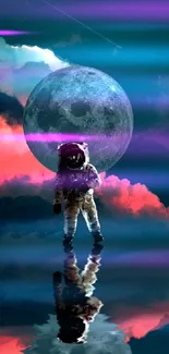 Astronaut reflected in water under a glowing moon with vibrant clouds.