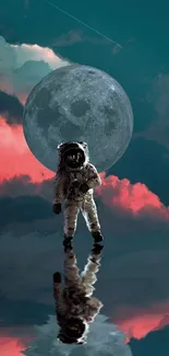 Astronaut standing beneath a full moon with clouds and reflections.