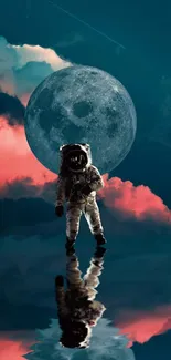 Astronaut with moonlight reflection, teal-blue cosmic scene.