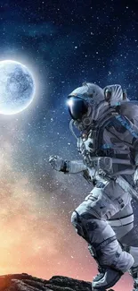 Astronaut walking under a starry sky with a glowing moon.