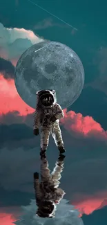 Astronaut stands in front of moon, reflecting in teal and pink dreamscape.