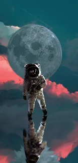 Astronaut walking on reflective surface under a moonlit sky.
