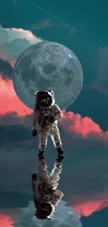 Astronaut standing with moon reflection under teal sky.