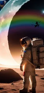 Astronaut on moon with rainbow and witch in fantasy scene.