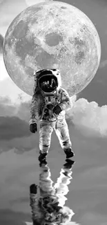 Black and white astronaut moonwalk with reflection on water.