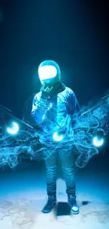 Space-themed wallpaper with astronaut in neon blue aura.