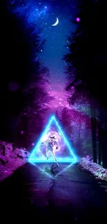 Astronaut with neon triangle in cosmic night scene with purple hues.