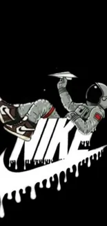 Astronaut with Nike logo in artistic design on black background.