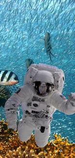 Astronaut amidst vibrant marine life underwater.