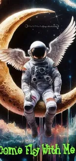 Winged astronaut sitting on crescent moon in space.