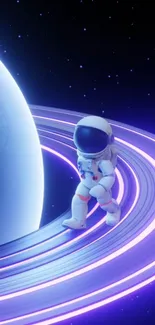 Astronaut walking on neon planet rings with starry background.