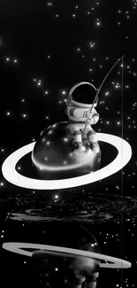 Astronaut sitting on Saturn's rings with starry background.