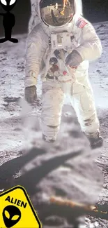 Astronaut on moon with alien sign, mobile wallpaper theme.