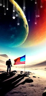 Astronaut on an alien planet with colorful planets and an American flag.