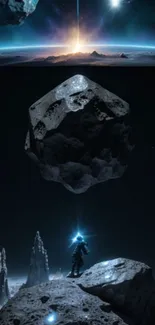 Astronaut standing on alien surface under a glowing space horizon.