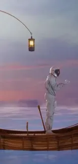 Astronaut stands on a boat under a lantern with a purple sky backdrop.