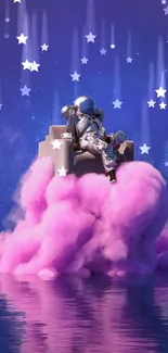 Astronaut relaxing on pink clouds under a starry violet sky.