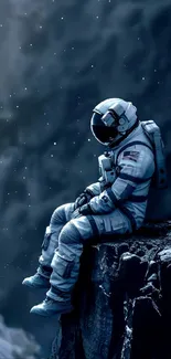 Astronaut sitting on cliff under starry sky wallpaper.