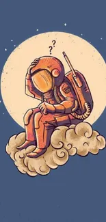 Whimsical astronaut sitting on cloud with dark blue background.