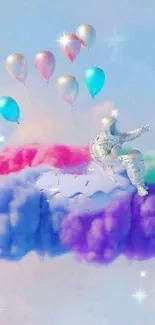 Colorful cloud and astronaut in sky wallpaper with balloons.