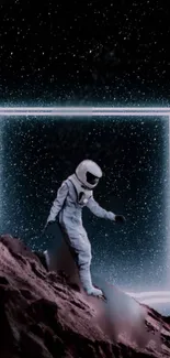 Astronaut exploring a starry cosmic landscape with a neon frame.