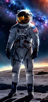 Astronaut on lunar surface under colorful cosmic sky wallpaper.