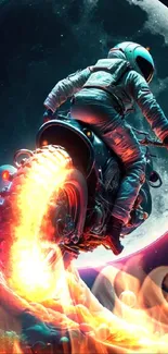 Astronaut on a motorcycle against a giant moon backdrop, cosmic theme.