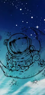 Whimsical astronaut sitting on a crescent moon beneath a starry night sky.