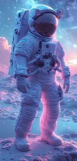 Astronaut on a dreamy pastel moon landscape with cosmic backdrop.