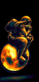 Astronaut sitting on a fiery moon against dark space.