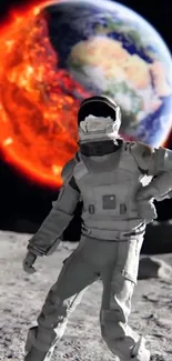 Astronaut standing on terrain with fiery planet in the background.