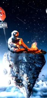 Astronaut sitting by a campfire on a floating rock with a night sky backdrop.