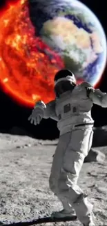 Astronaut dancing on moon with fiery Earth in the background.