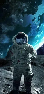 Astronaut standing on the moon with blue galaxy background.