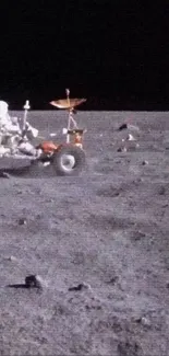 Astronaut driving rover on moon's surface, exploring space.