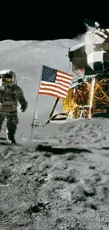 Astronaut on the moon with American flag and lunar module.