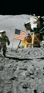 Astronaut on the moon with rocket and flag.