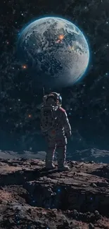 Astronaut standing on the Moon gazing at Earth in a starry sky.